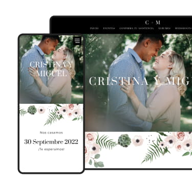 Imagen de ejemplo de la web de matrimonio con diseño floral, en formato escritorio y celular.